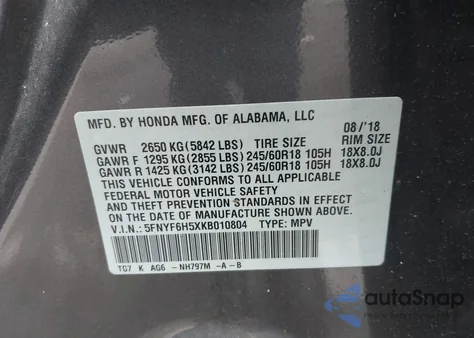 2019 Honda Pilot Ex-L z USA, uszkodzony, nr VIN 5FNYF6H5XKB010804